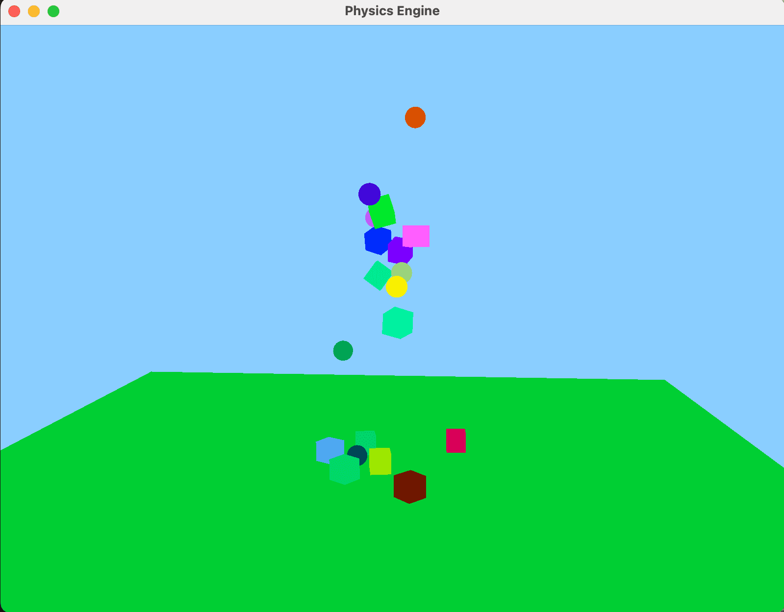 Physics engine demo showing stacked rigid bodies and constraint visualizations